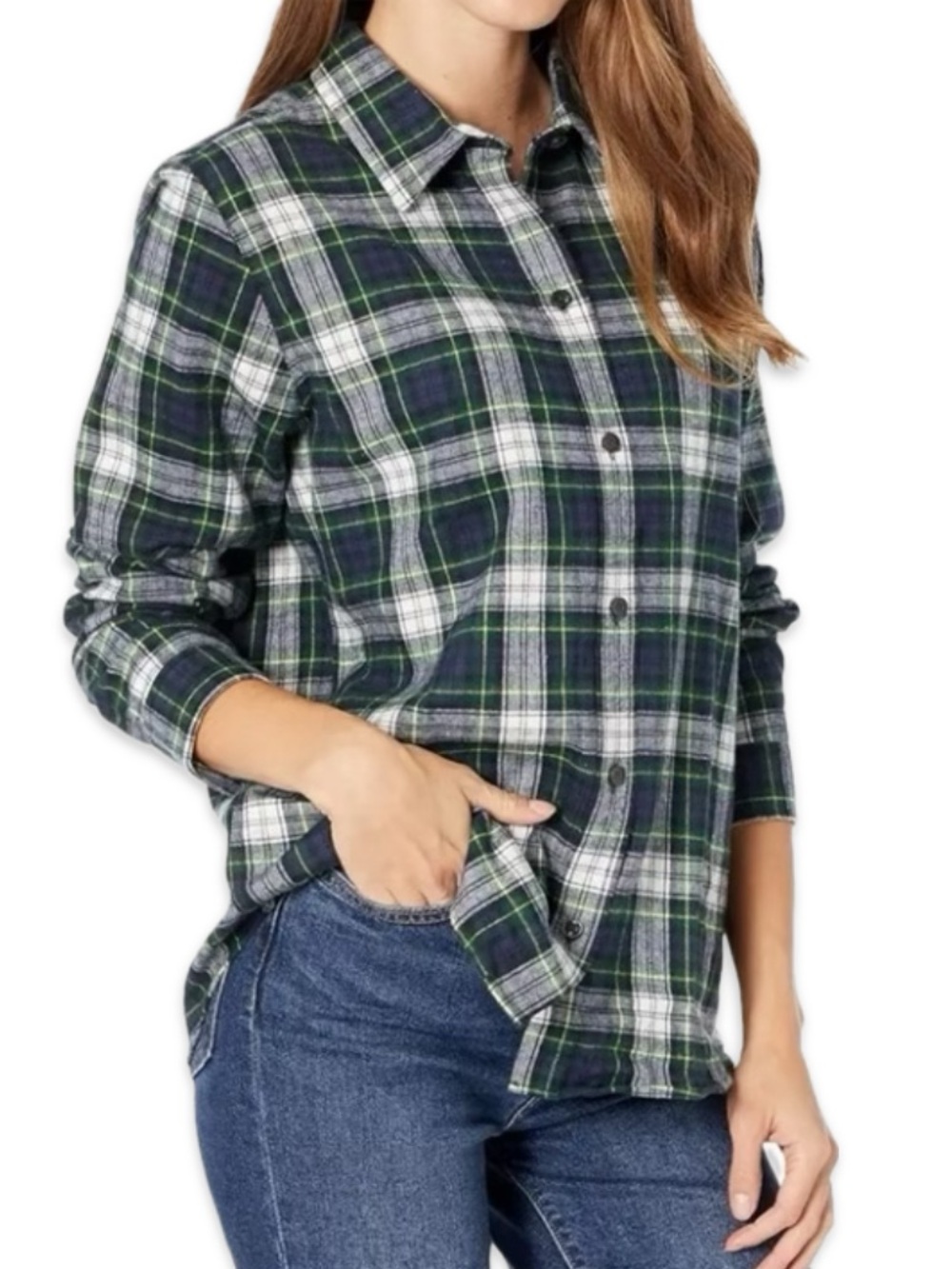 LL Bean Petite Womens Blue Green Scotch Plaid Flannel Button Down Shirt XL (Pet)